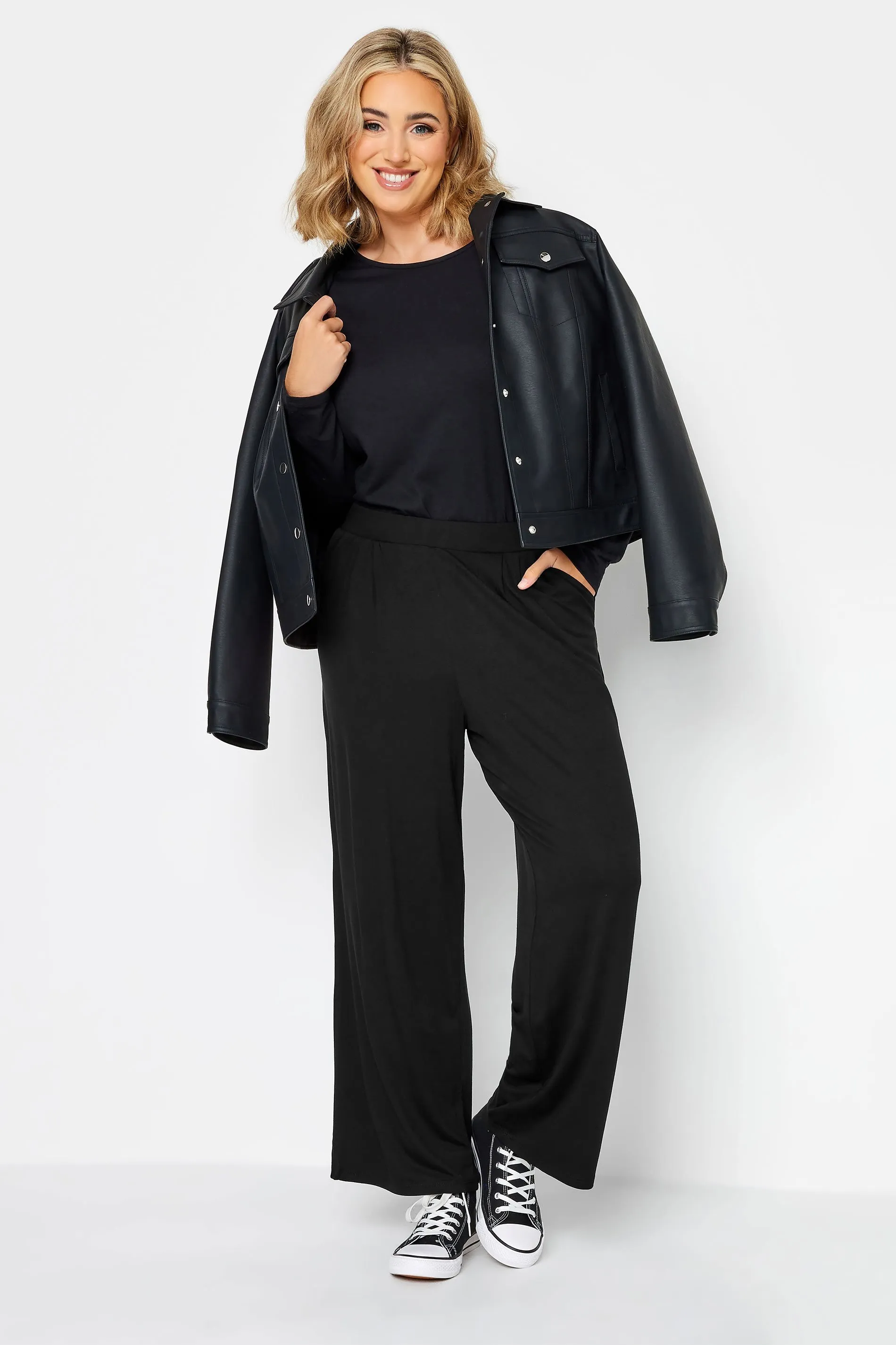 YOURS Curve Black Pleated Wide Leg Stretch Trousers