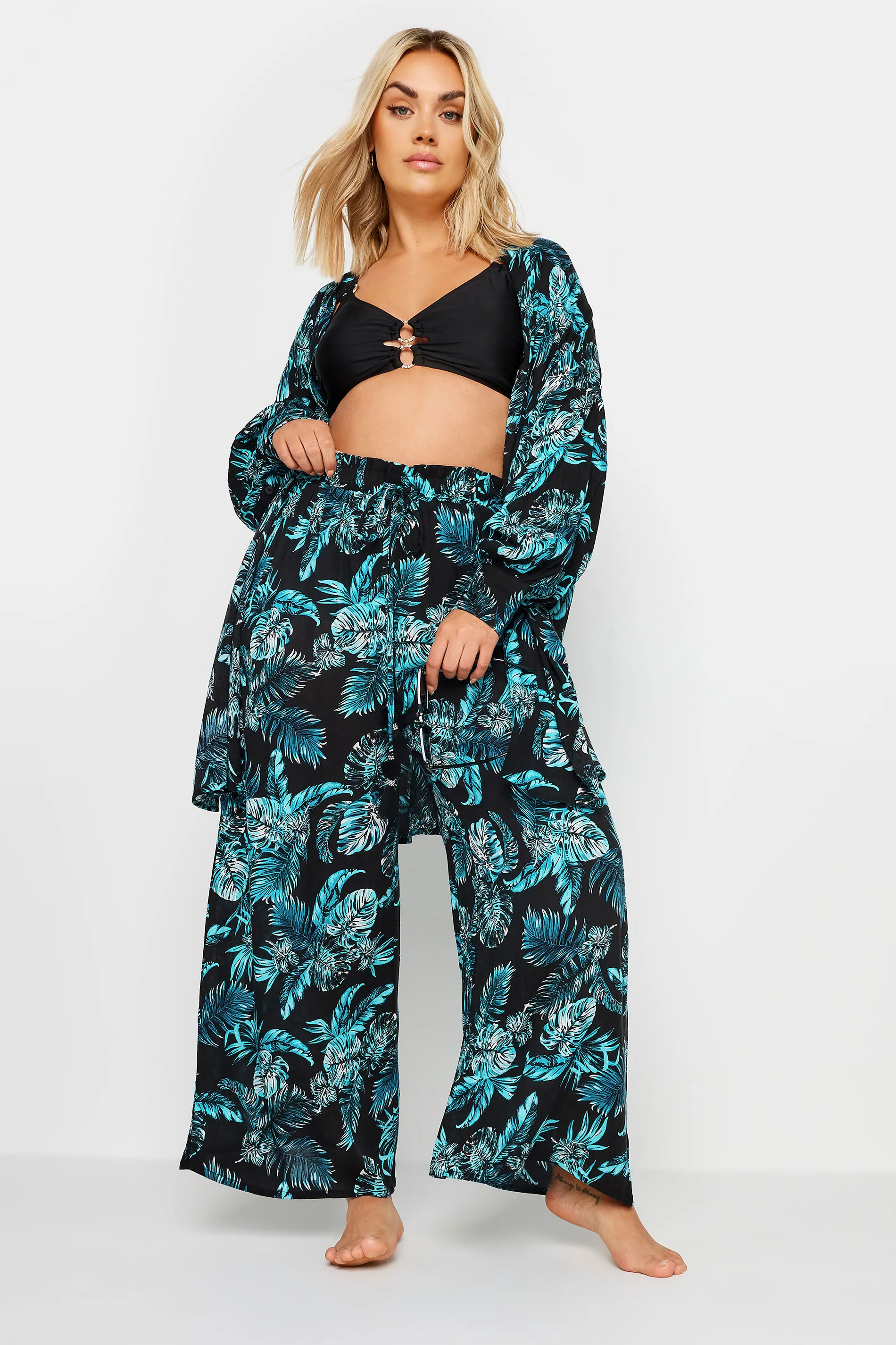 YOURS Curve Black Tropical Print Crinkle Tassel Trousers