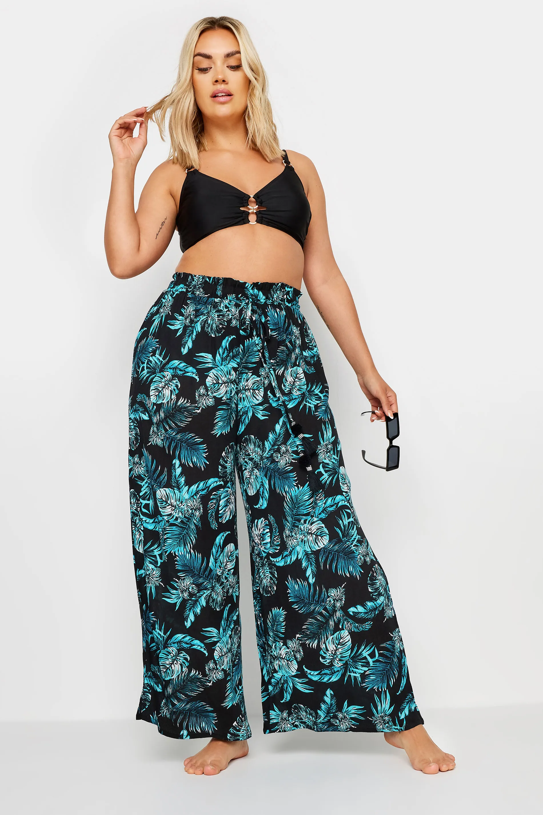 YOURS Curve Black Tropical Print Crinkle Tassel Trousers