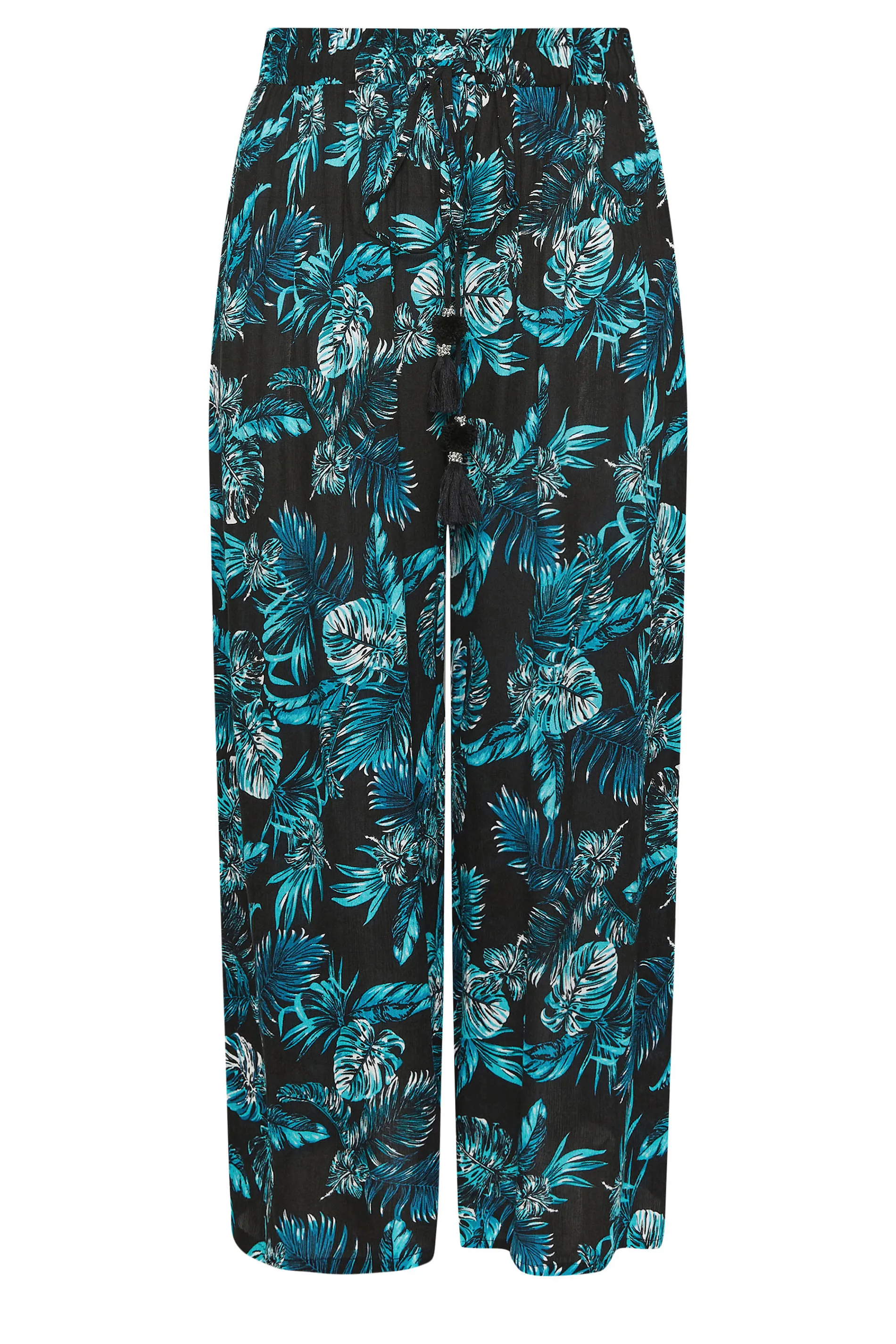 YOURS Curve Black Tropical Print Crinkle Tassel Trousers