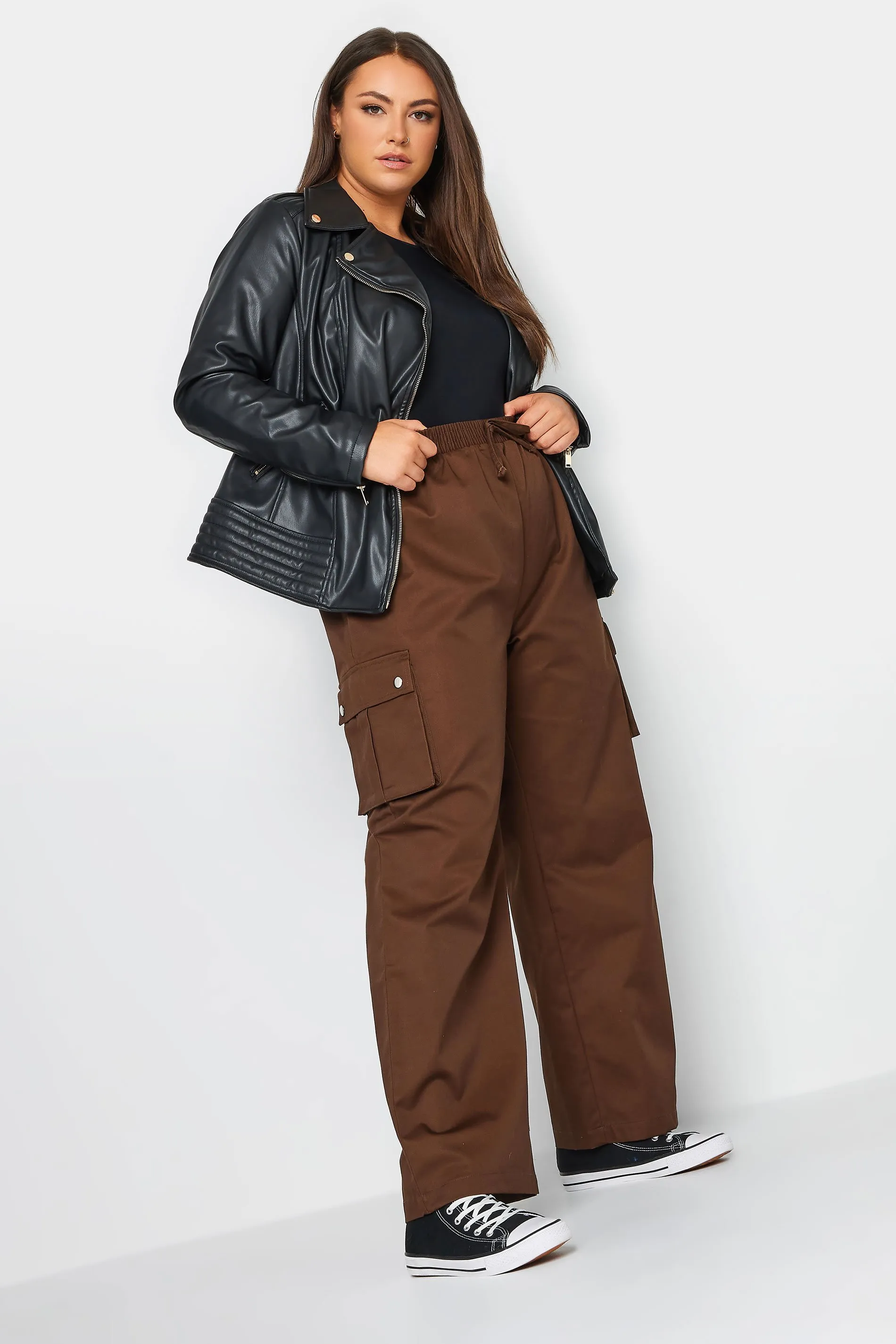 YOURS Curve Brown Wide Leg Woven Cargo Trousers