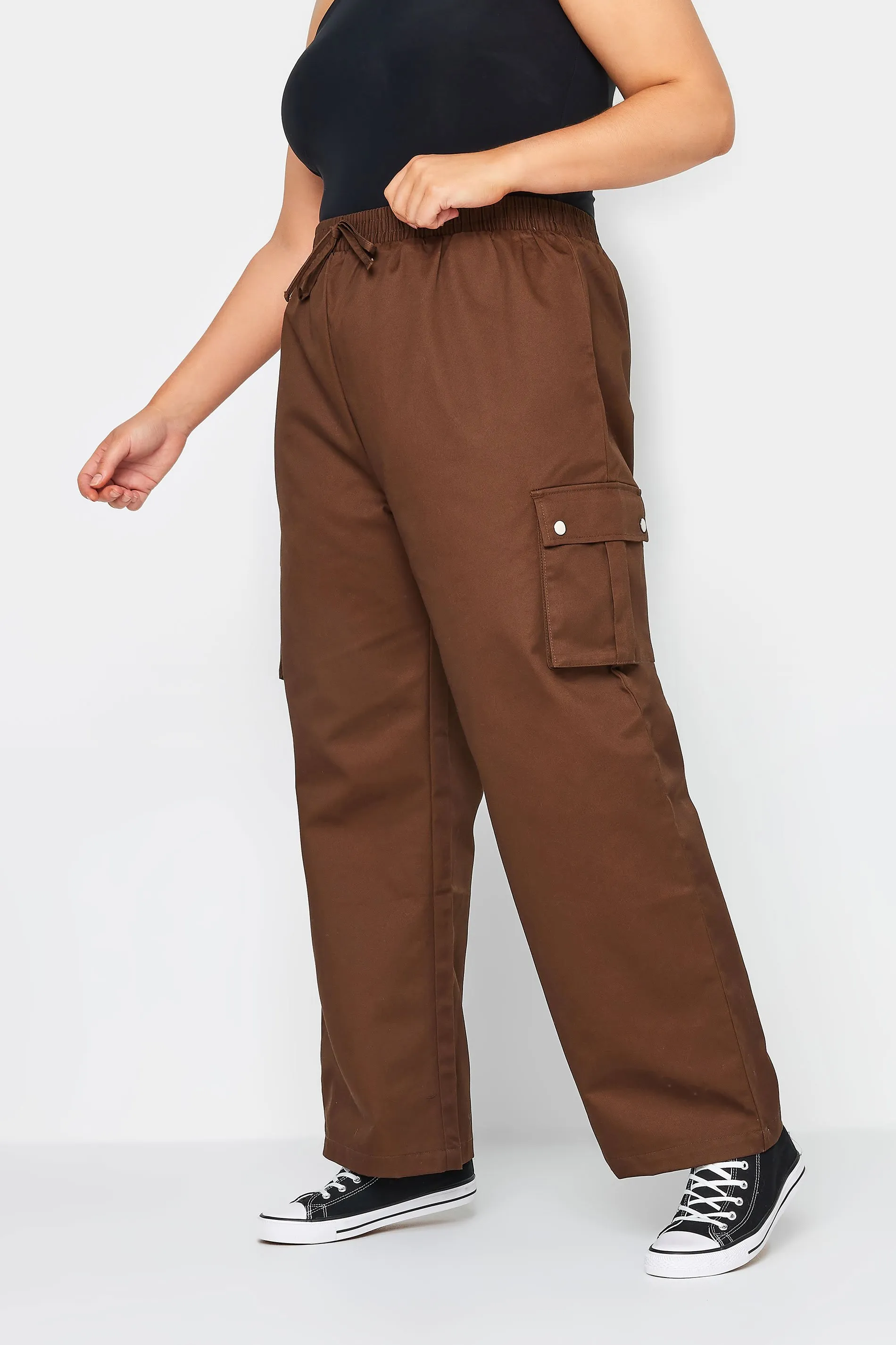 YOURS Curve Brown Wide Leg Woven Cargo Trousers