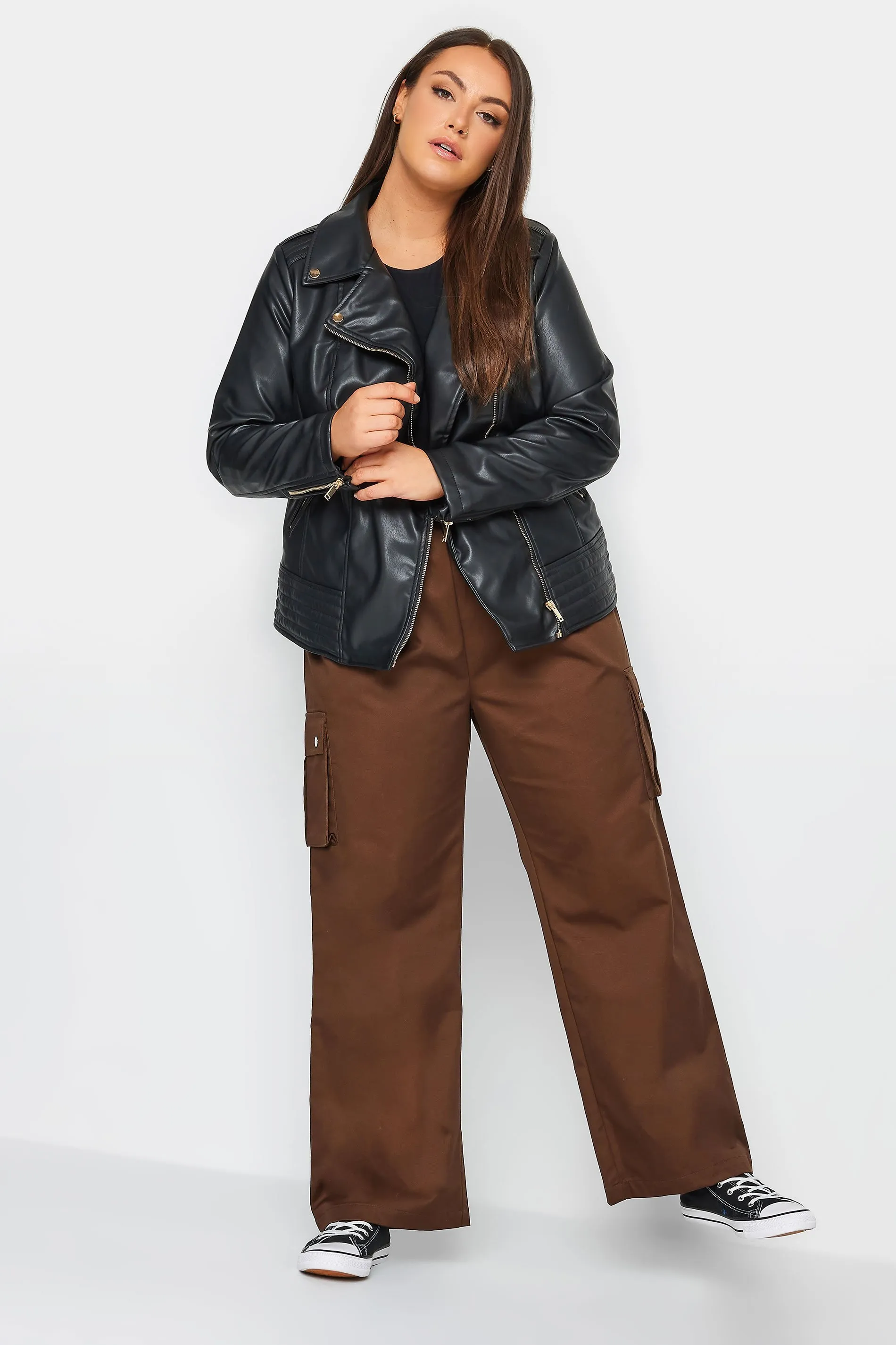 YOURS Curve Brown Wide Leg Woven Cargo Trousers