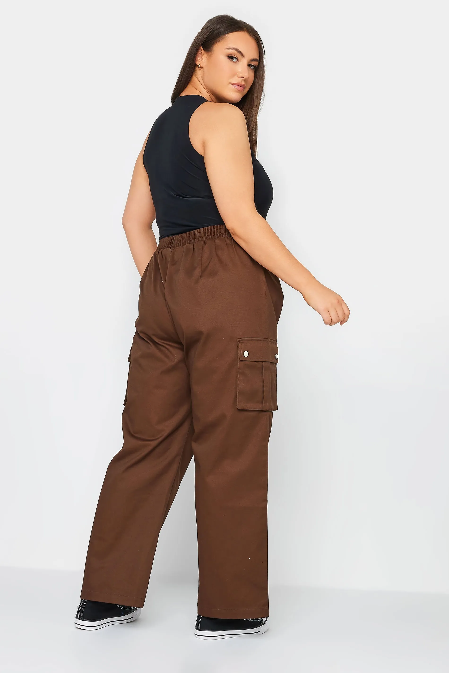 YOURS Curve Brown Wide Leg Woven Cargo Trousers