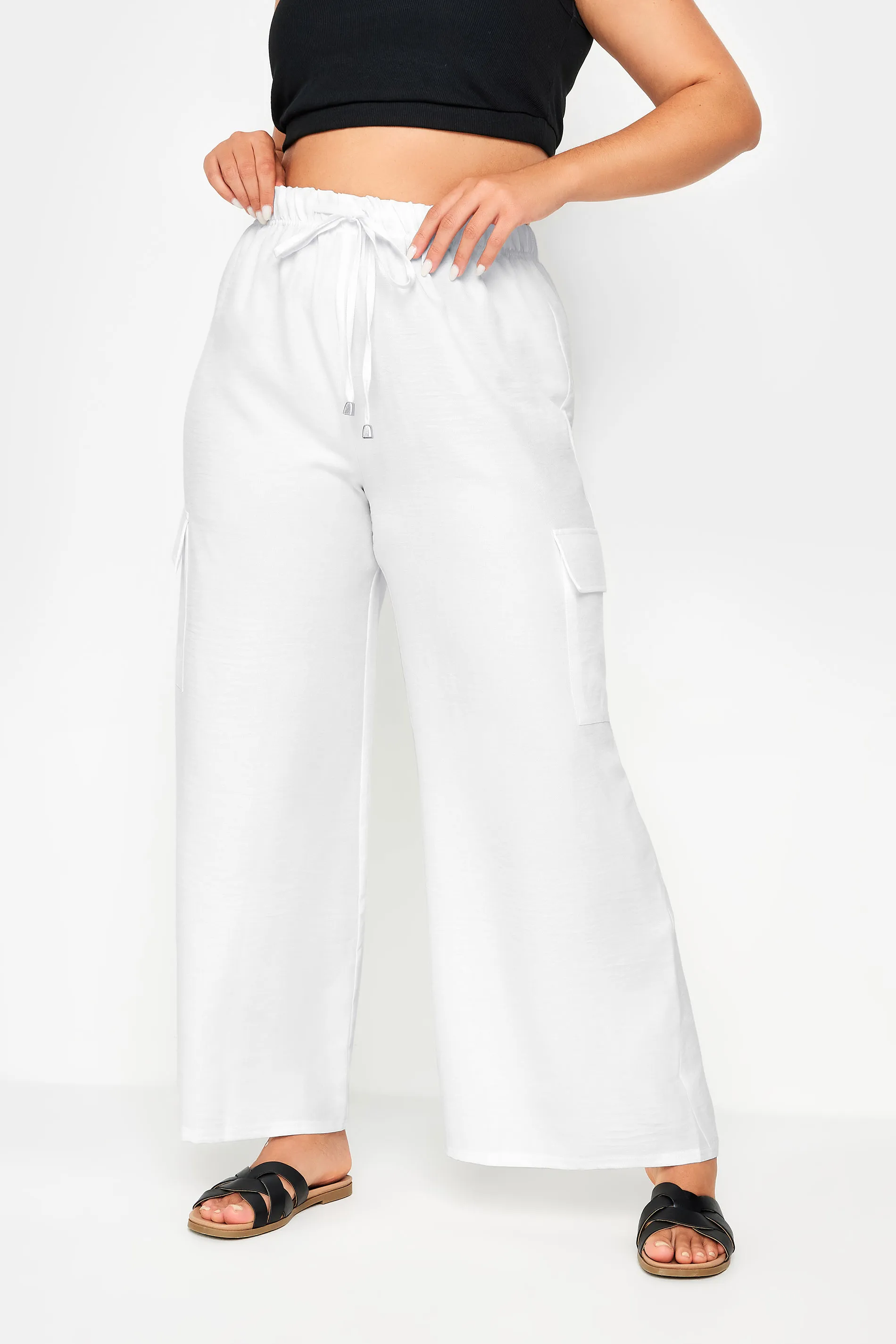 YOURS Curve Ivory White Linen Look Cargo Trousers