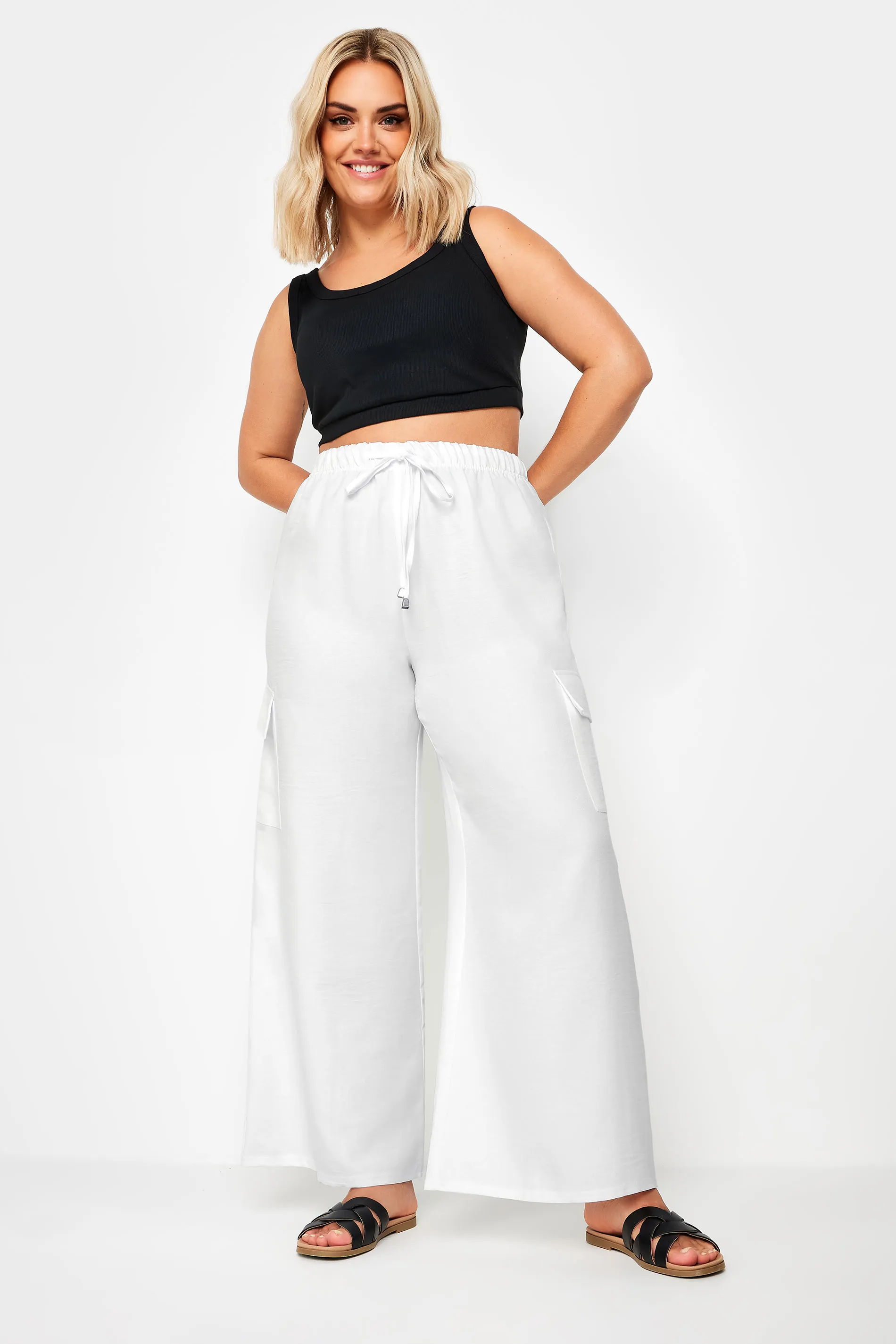 YOURS Curve Ivory White Linen Look Cargo Trousers