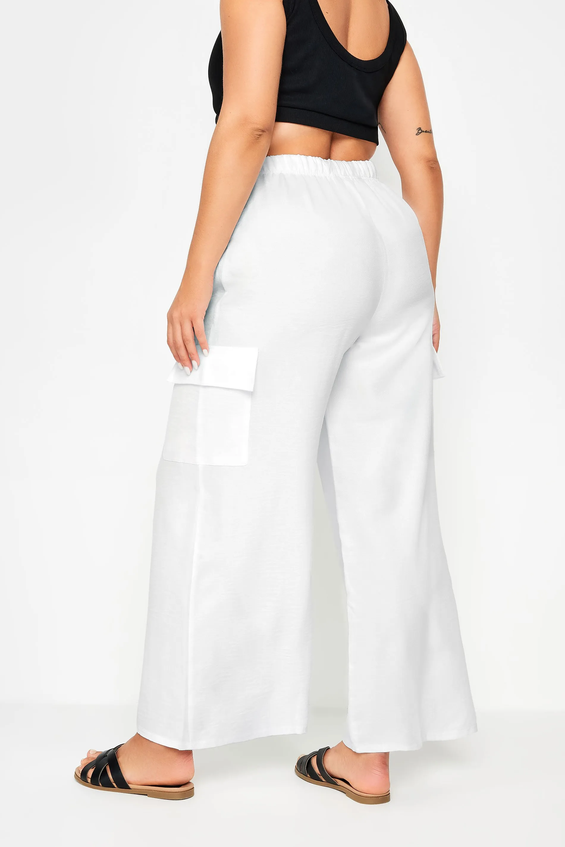 YOURS Curve Ivory White Linen Look Cargo Trousers