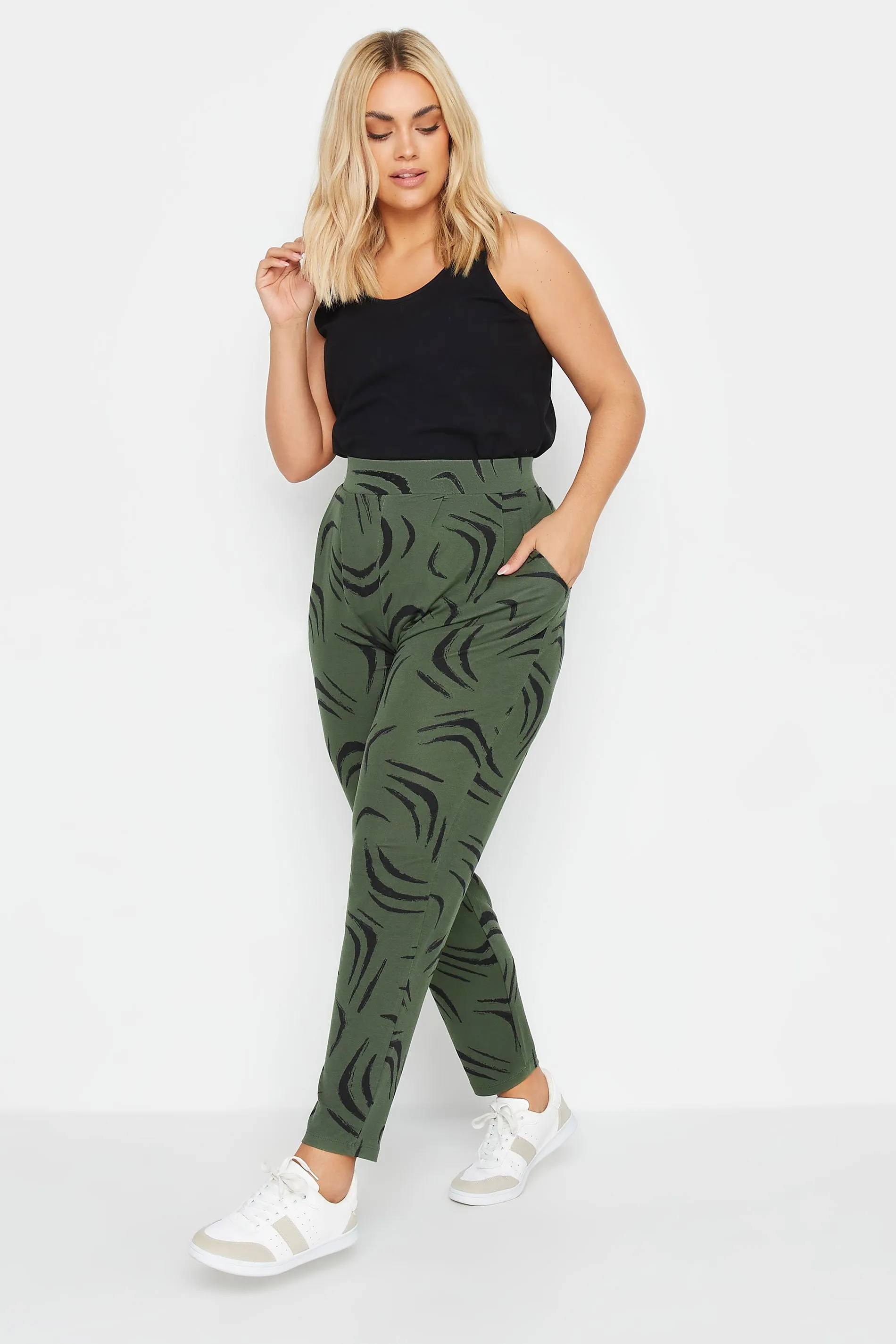 YOURS Curve Khaki Green Double Pleated Harem Trousers