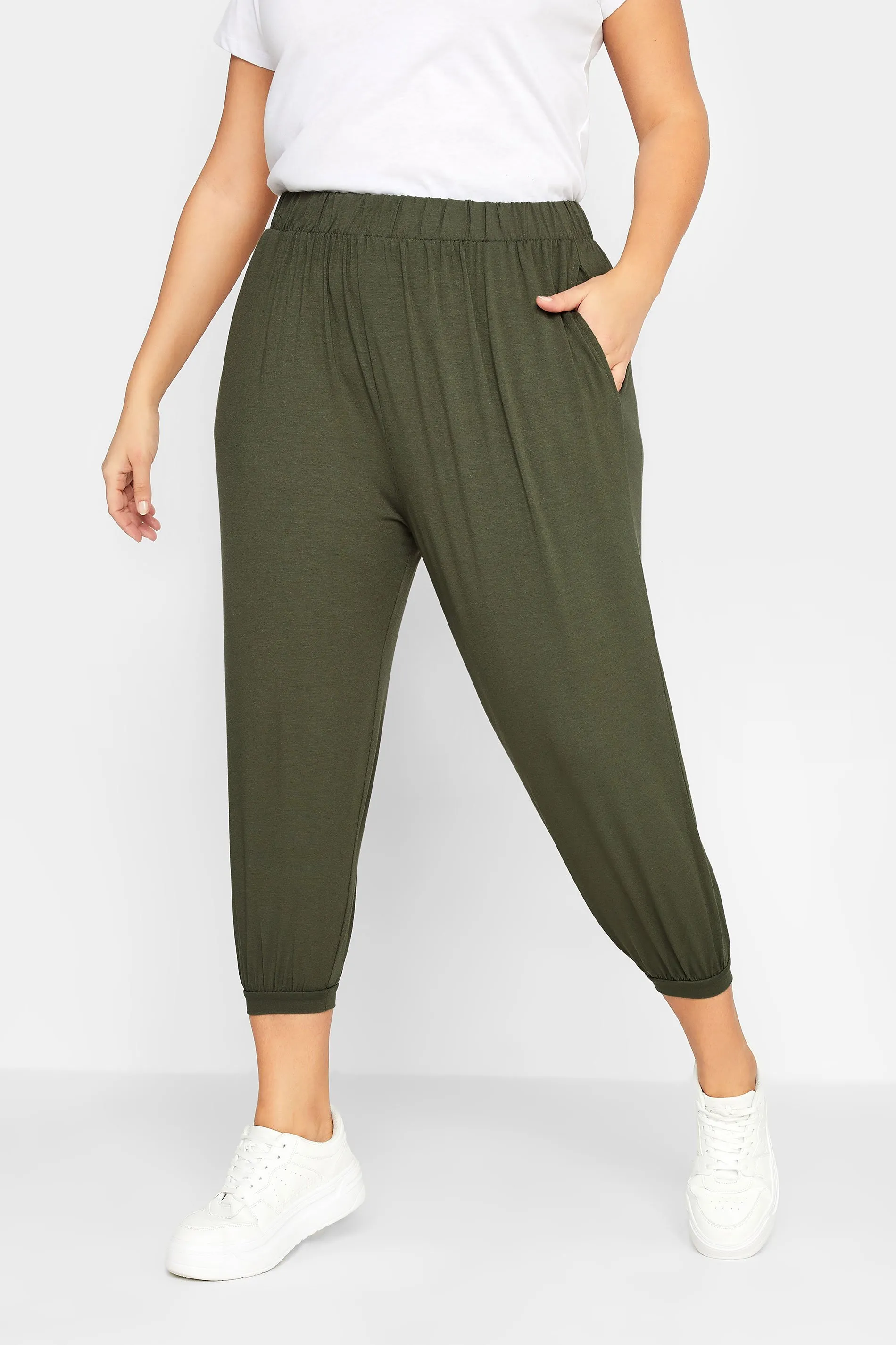 YOURS Curve Khaki Green Jersey Cropped Harem Trousers