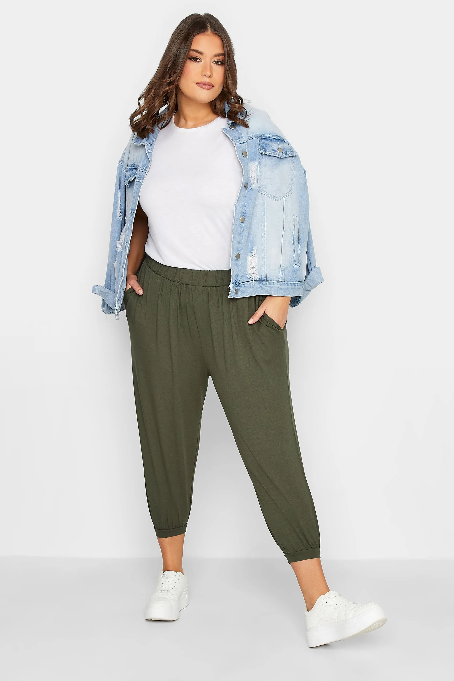 YOURS Curve Khaki Green Jersey Cropped Harem Trousers