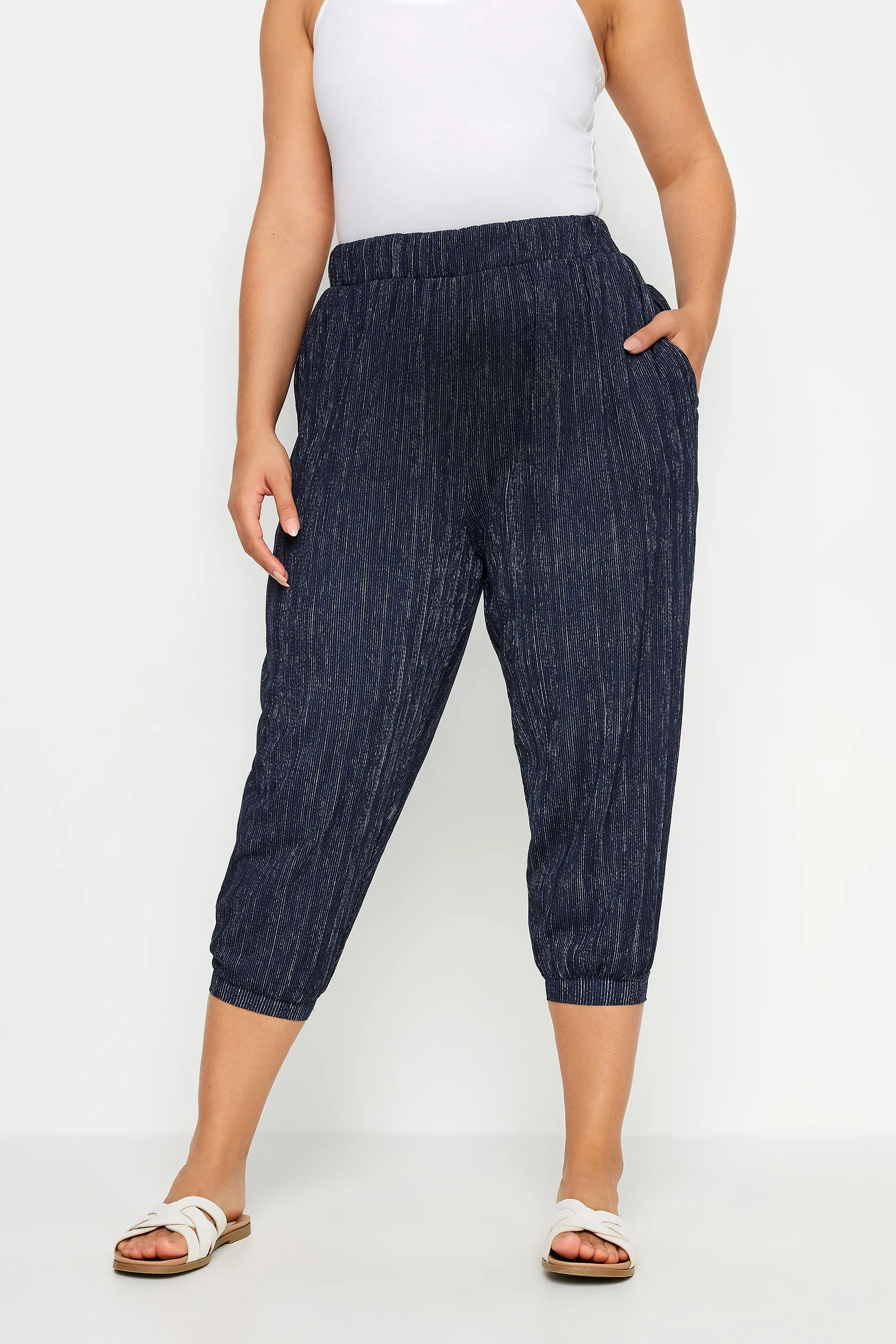 YOURS Curve Navy Blue Textured Cropped Harem Trousers