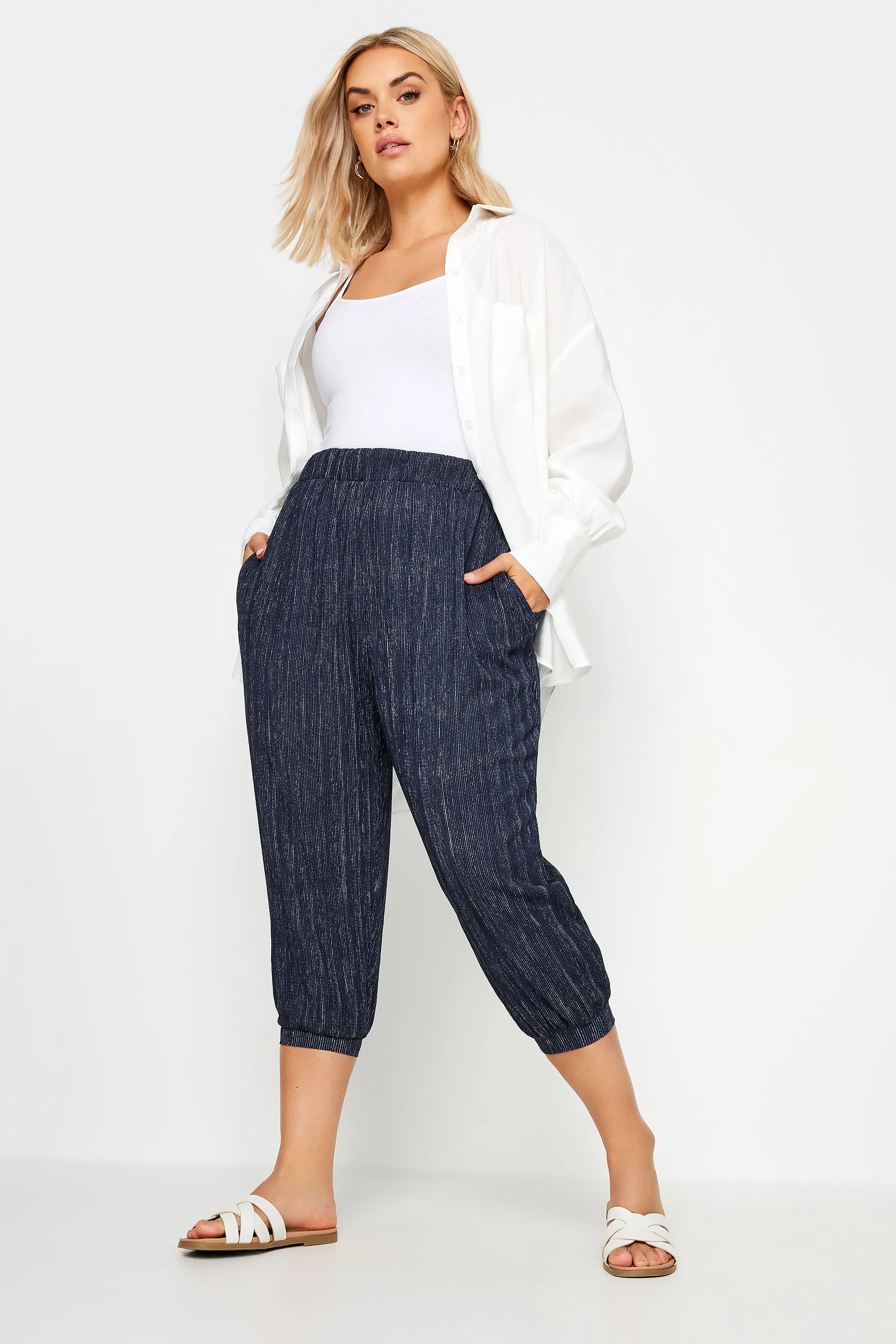 YOURS Curve Navy Blue Textured Cropped Harem Trousers