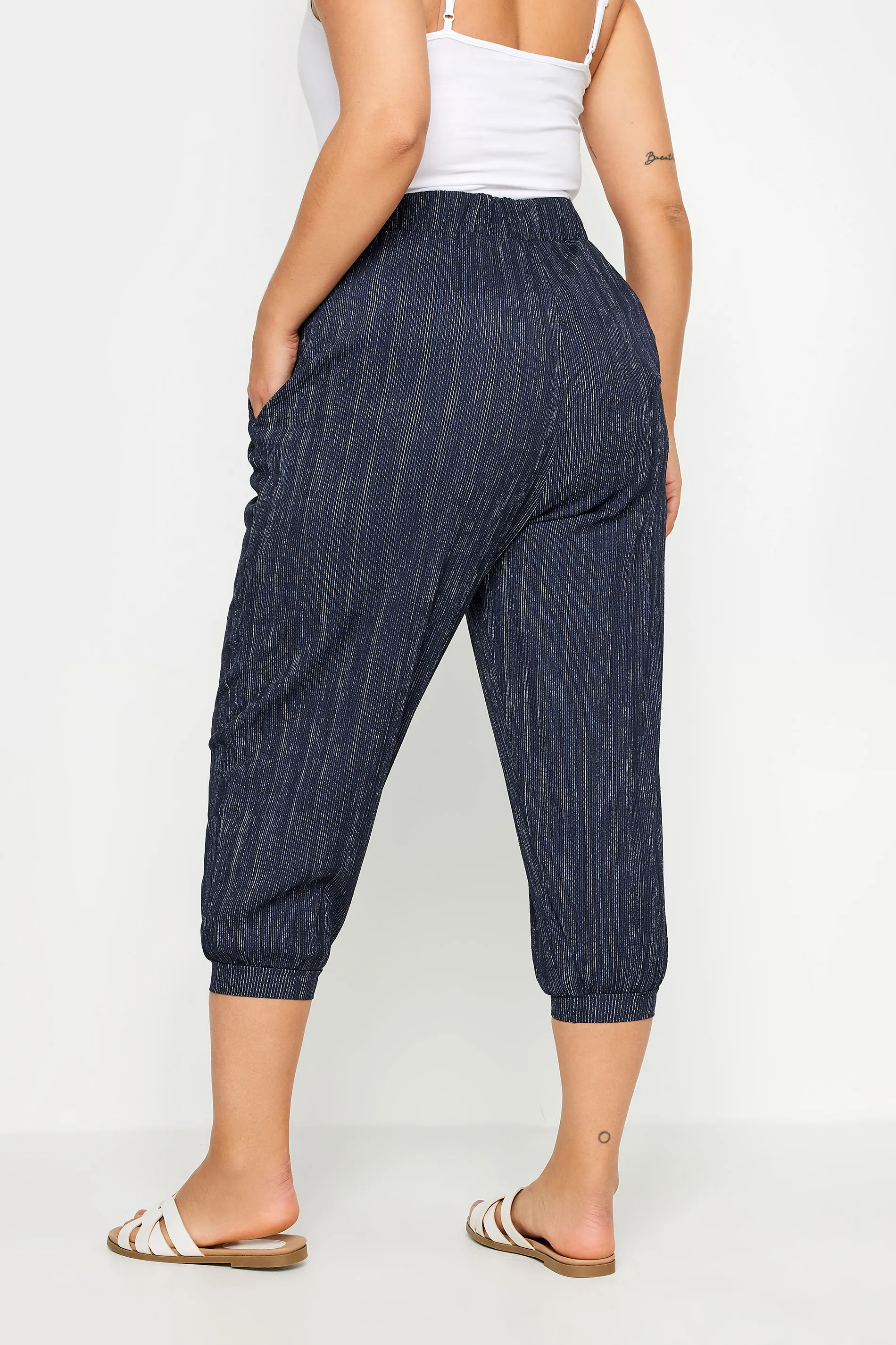 YOURS Curve Navy Blue Textured Cropped Harem Trousers