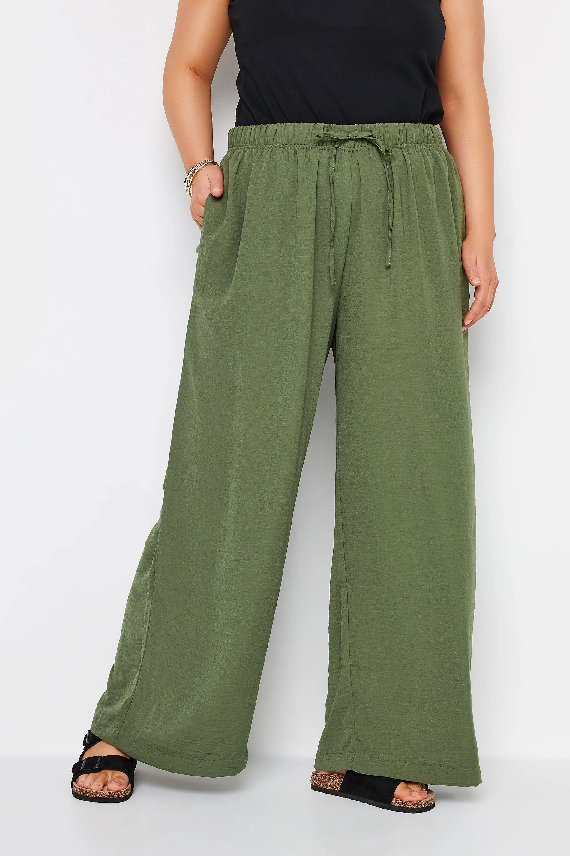 YOURS Curve Olive Green Twill Wide Leg Trousers