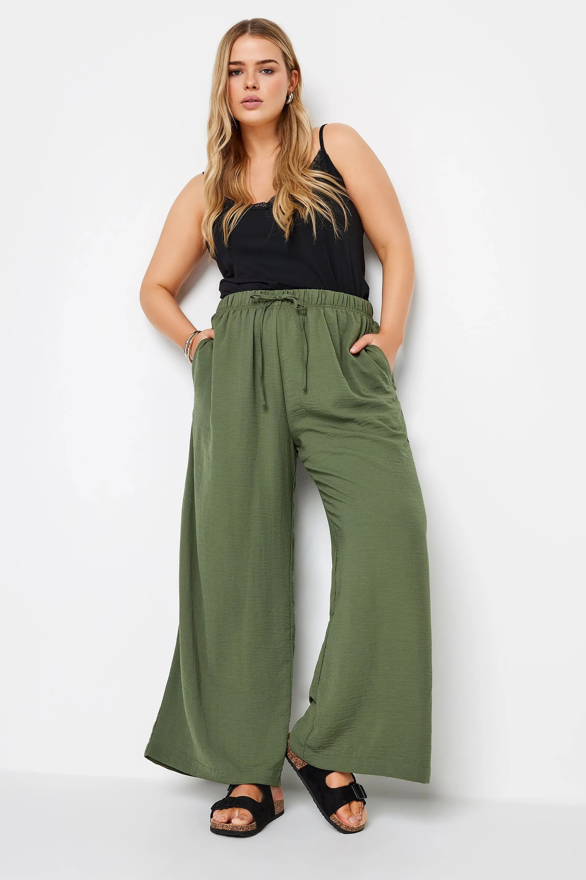 YOURS Curve Olive Green Twill Wide Leg Trousers