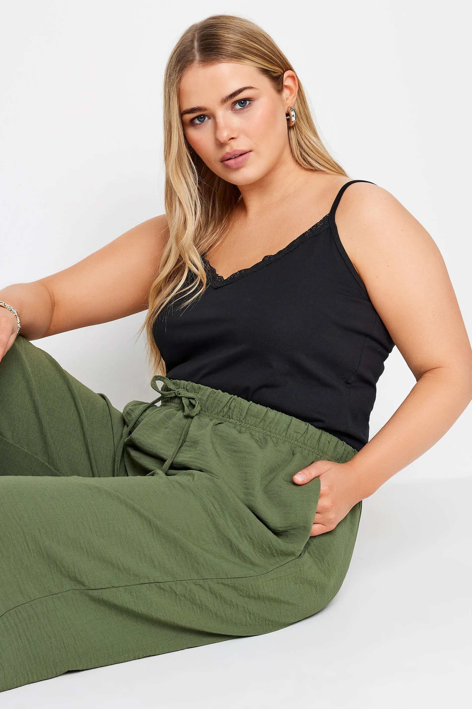 YOURS Curve Olive Green Twill Wide Leg Trousers