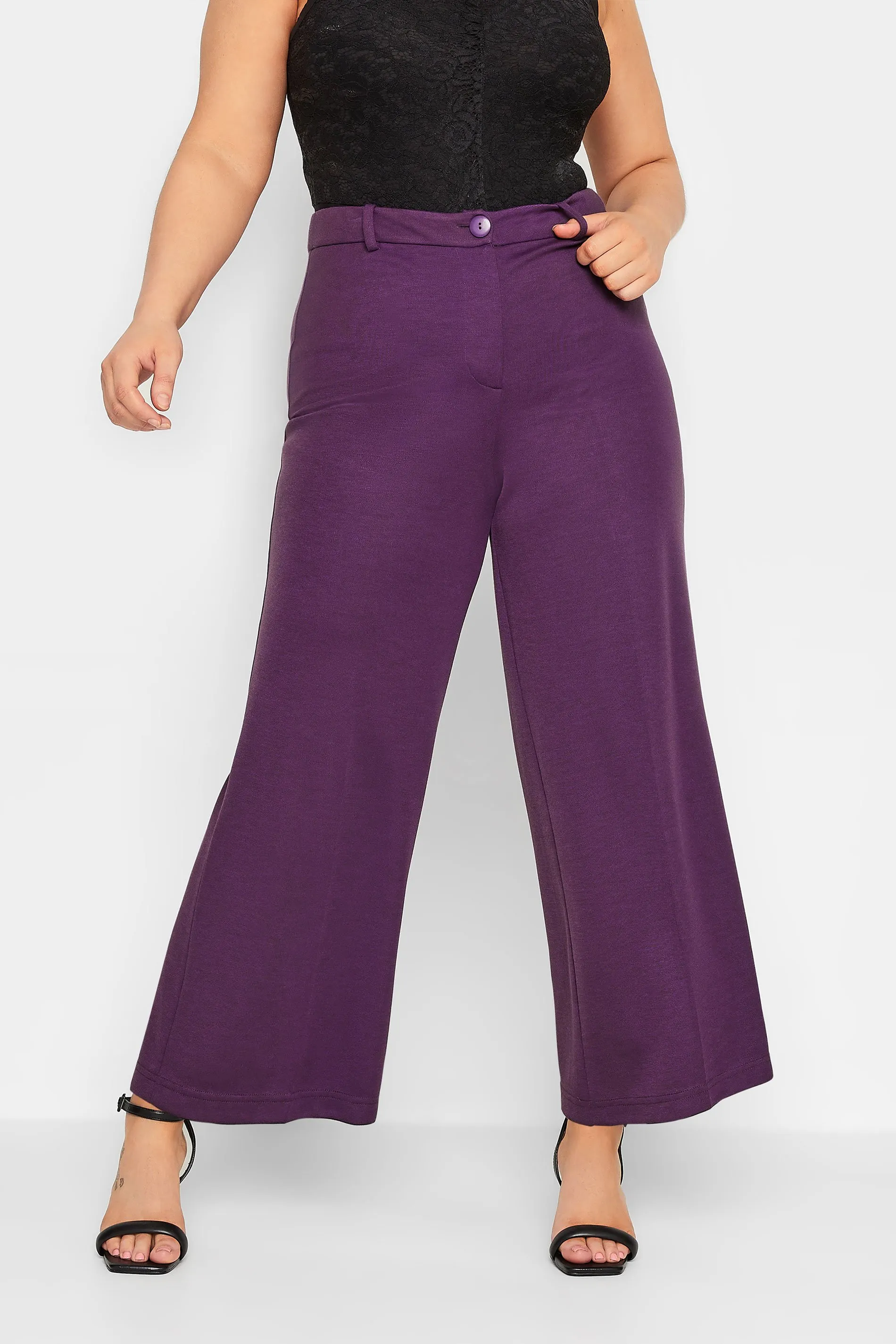 YOURS Curve Purple Wide Leg Button Up Trousers