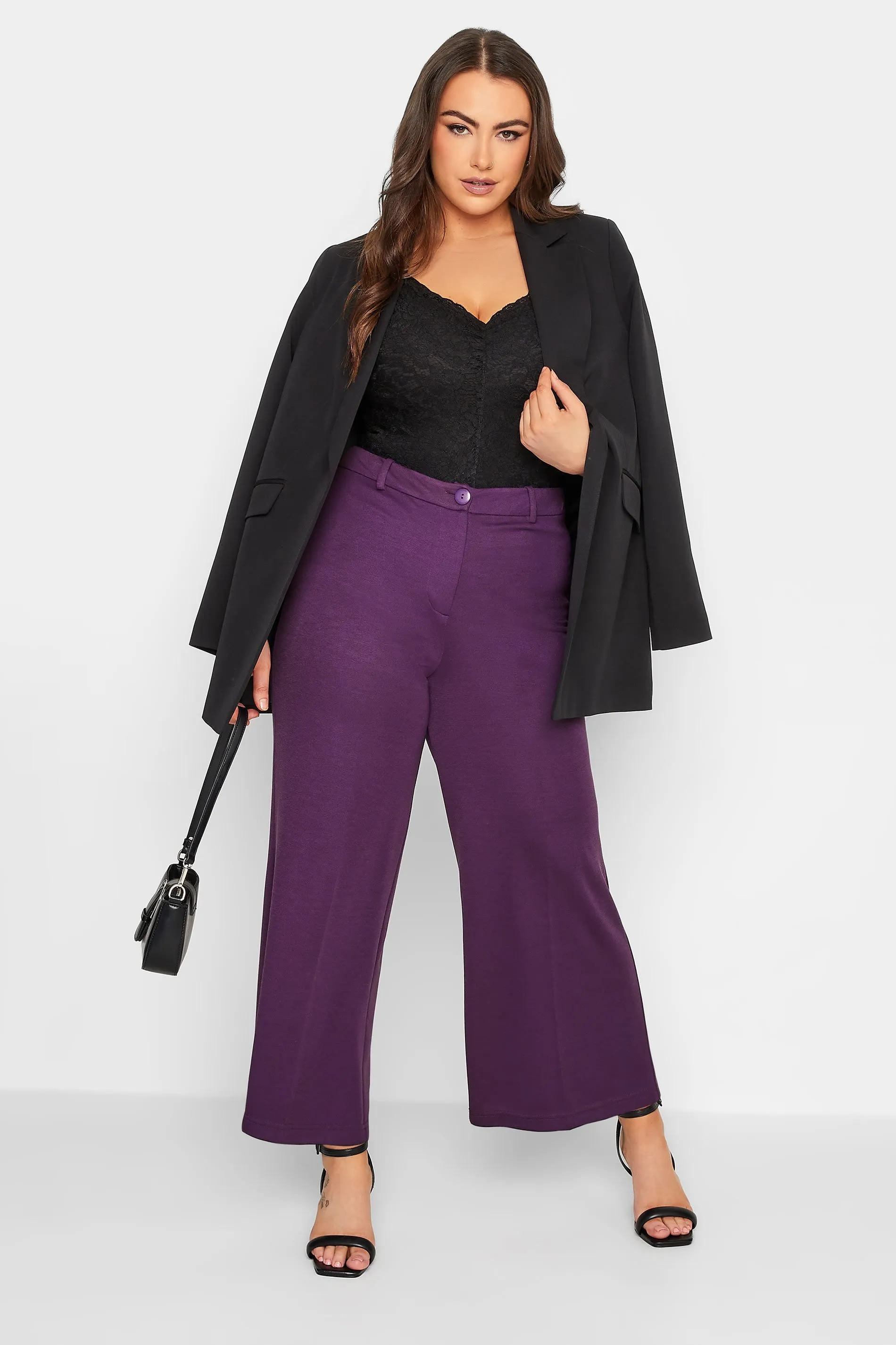 YOURS Curve Purple Wide Leg Button Up Trousers