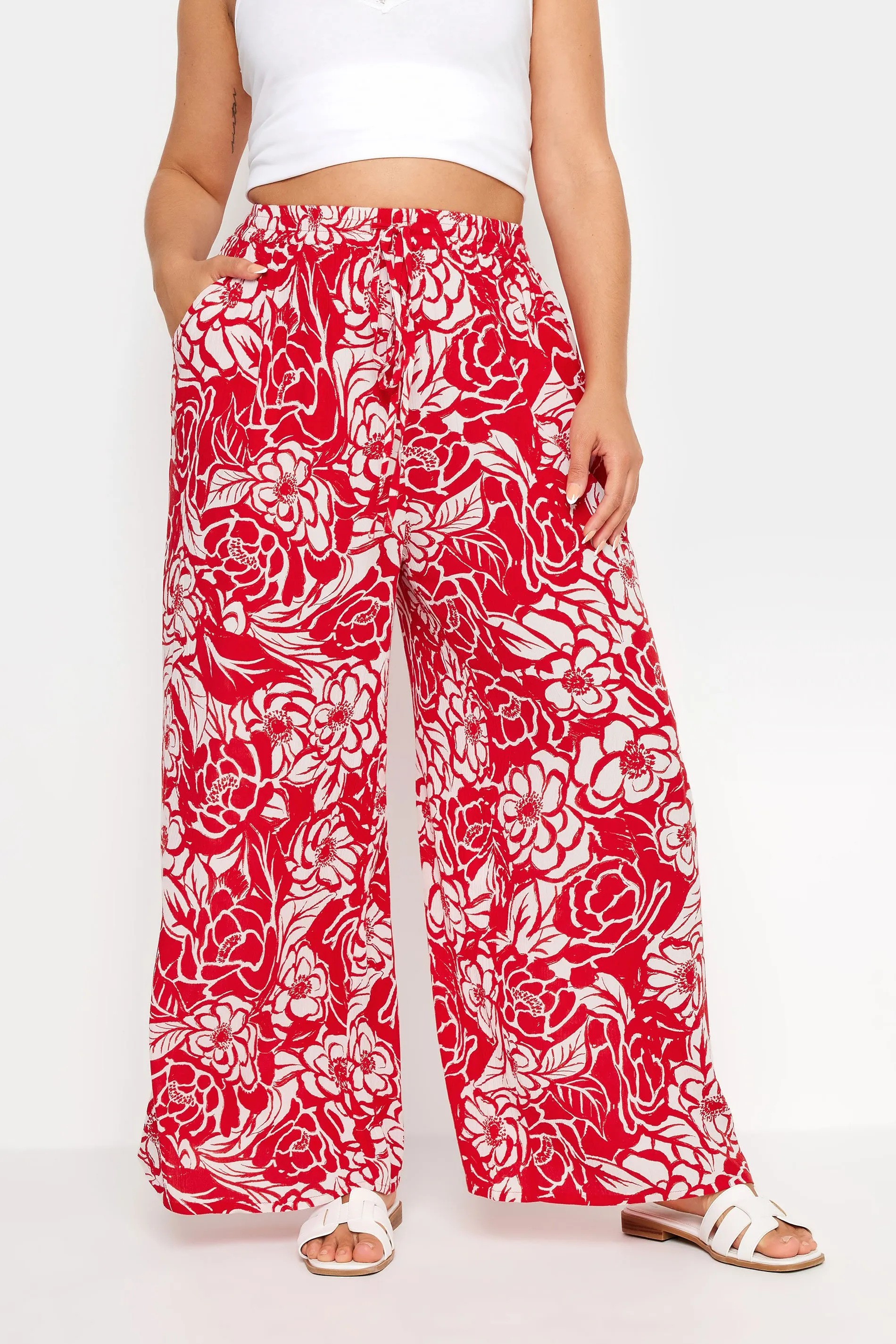 YOURS Curve Red Floral Print Crinkle Drawstring Trousers