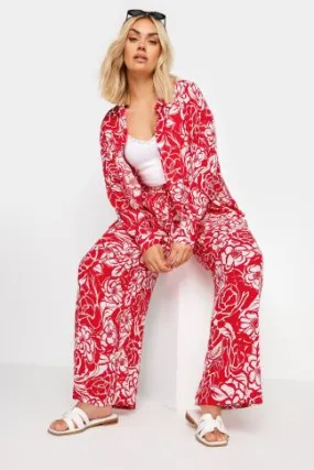 YOURS Curve Red Floral Print Crinkle Drawstring Trousers