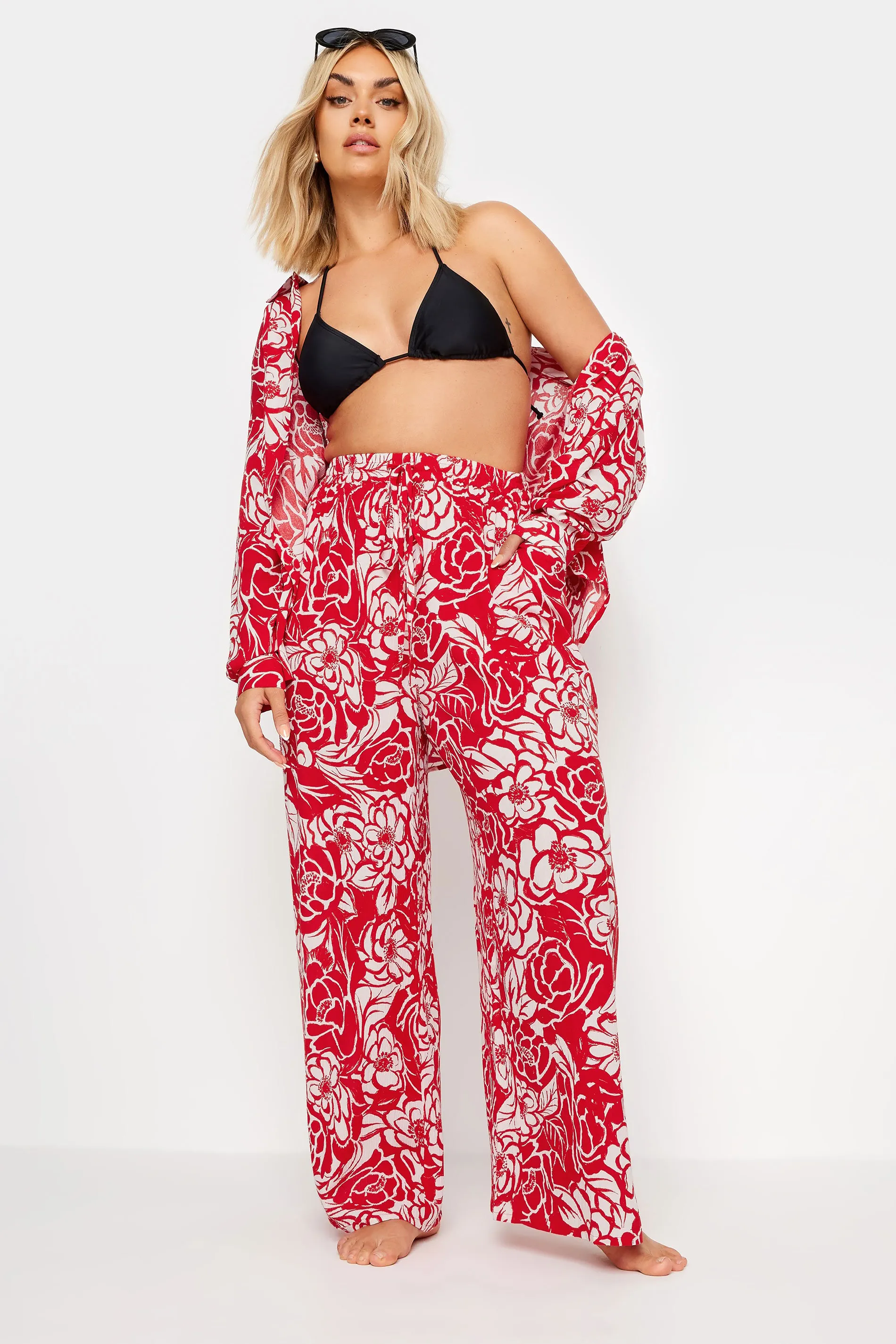 YOURS Curve Red Floral Print Crinkle Drawstring Trousers