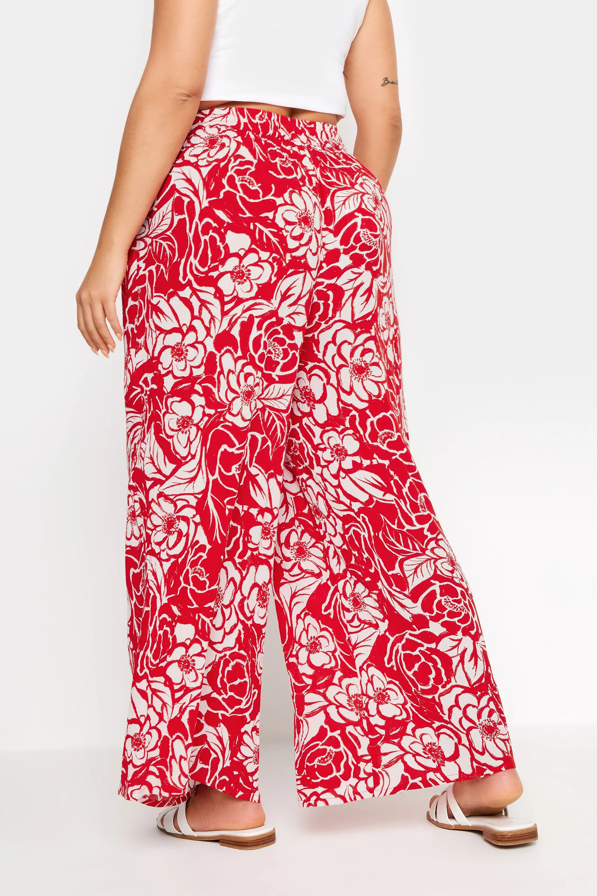 YOURS Curve Red Floral Print Crinkle Drawstring Trousers