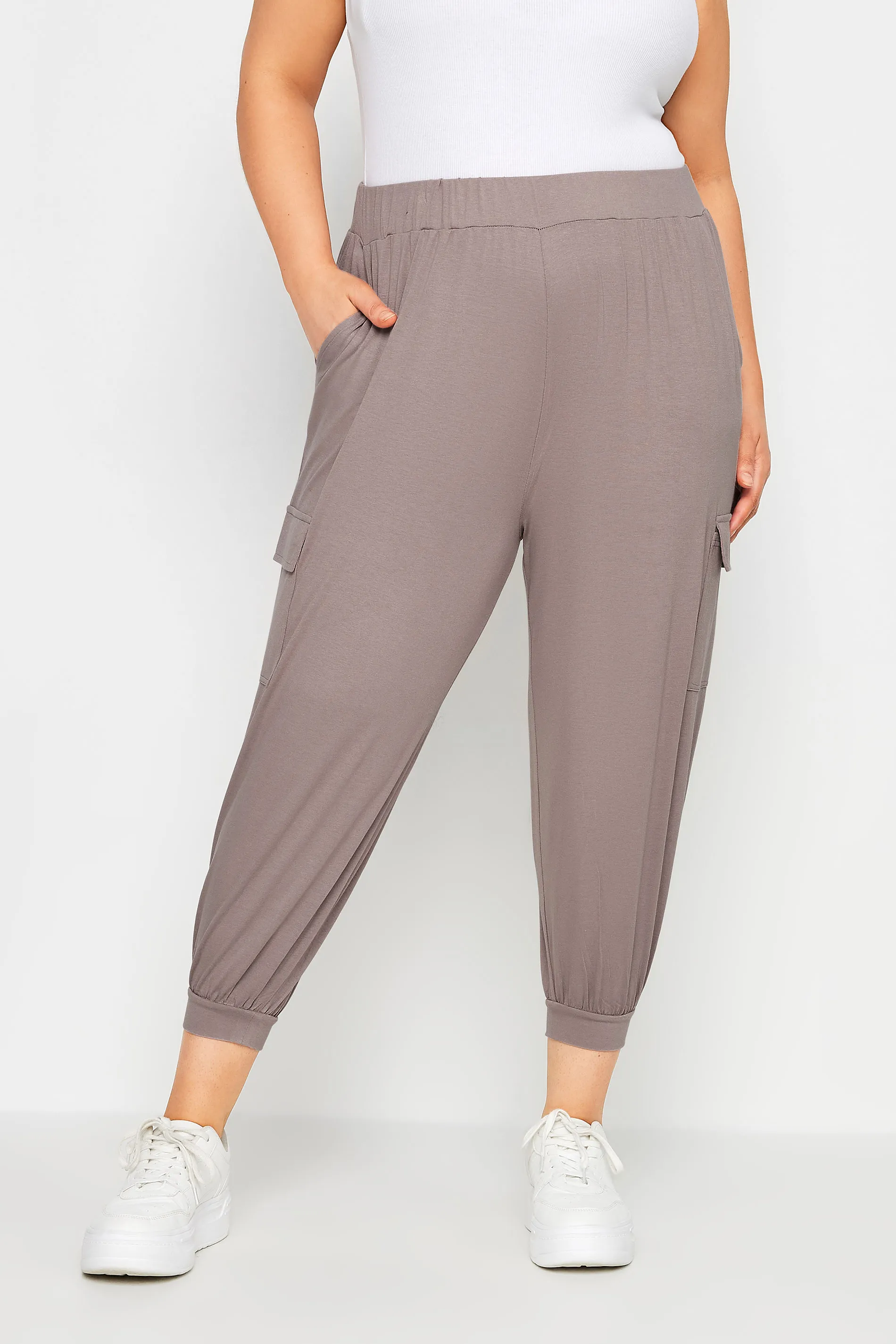 YOURS Curve Stone Brown Cropped Cargo Harem Trousers