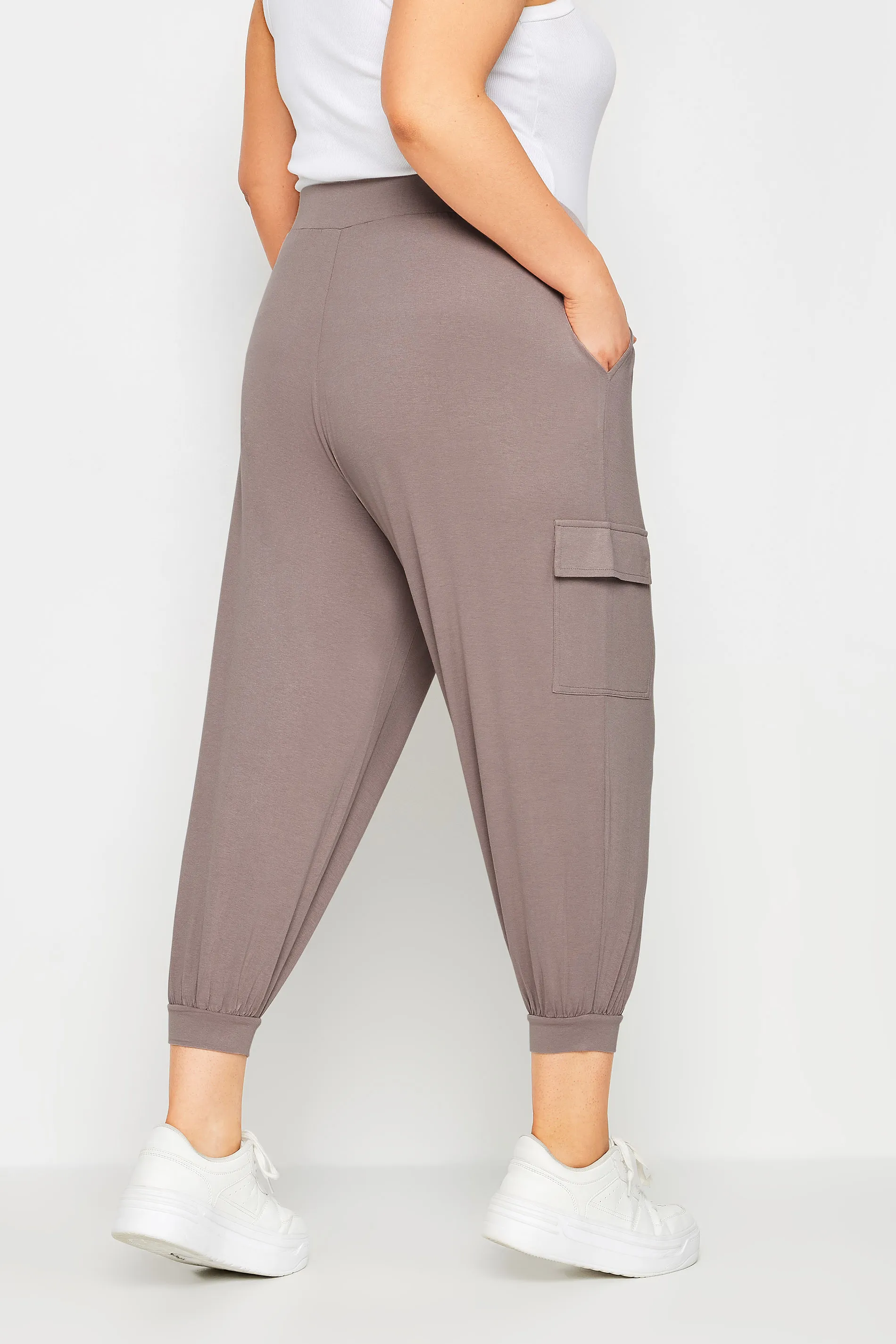 YOURS Curve Stone Brown Cropped Cargo Harem Trousers