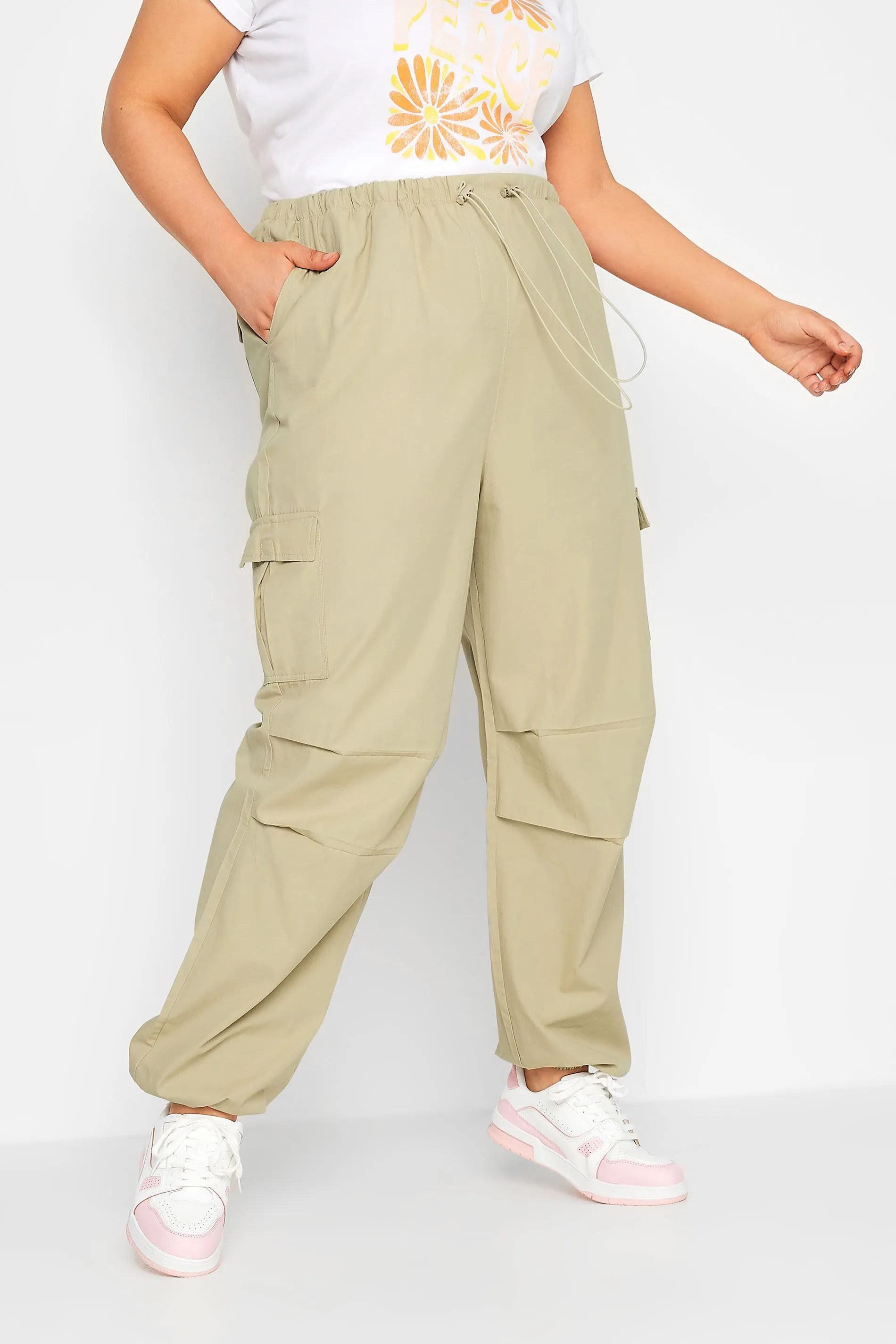 YOURS Curve Stone Brown Cuffed Cargo Parachute Trousers