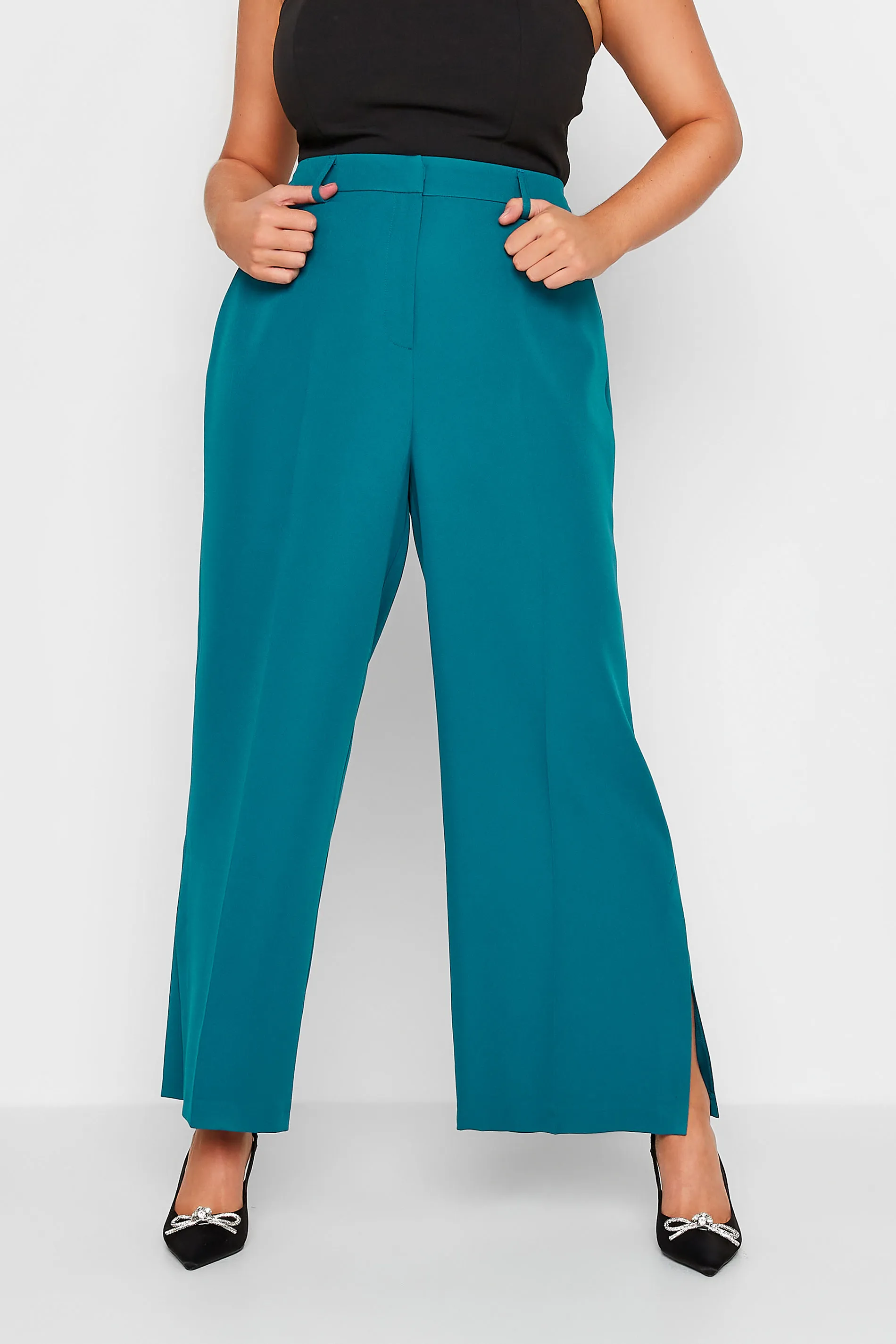 YOURS Curve Teal Blue Split Hem Flared Trousers