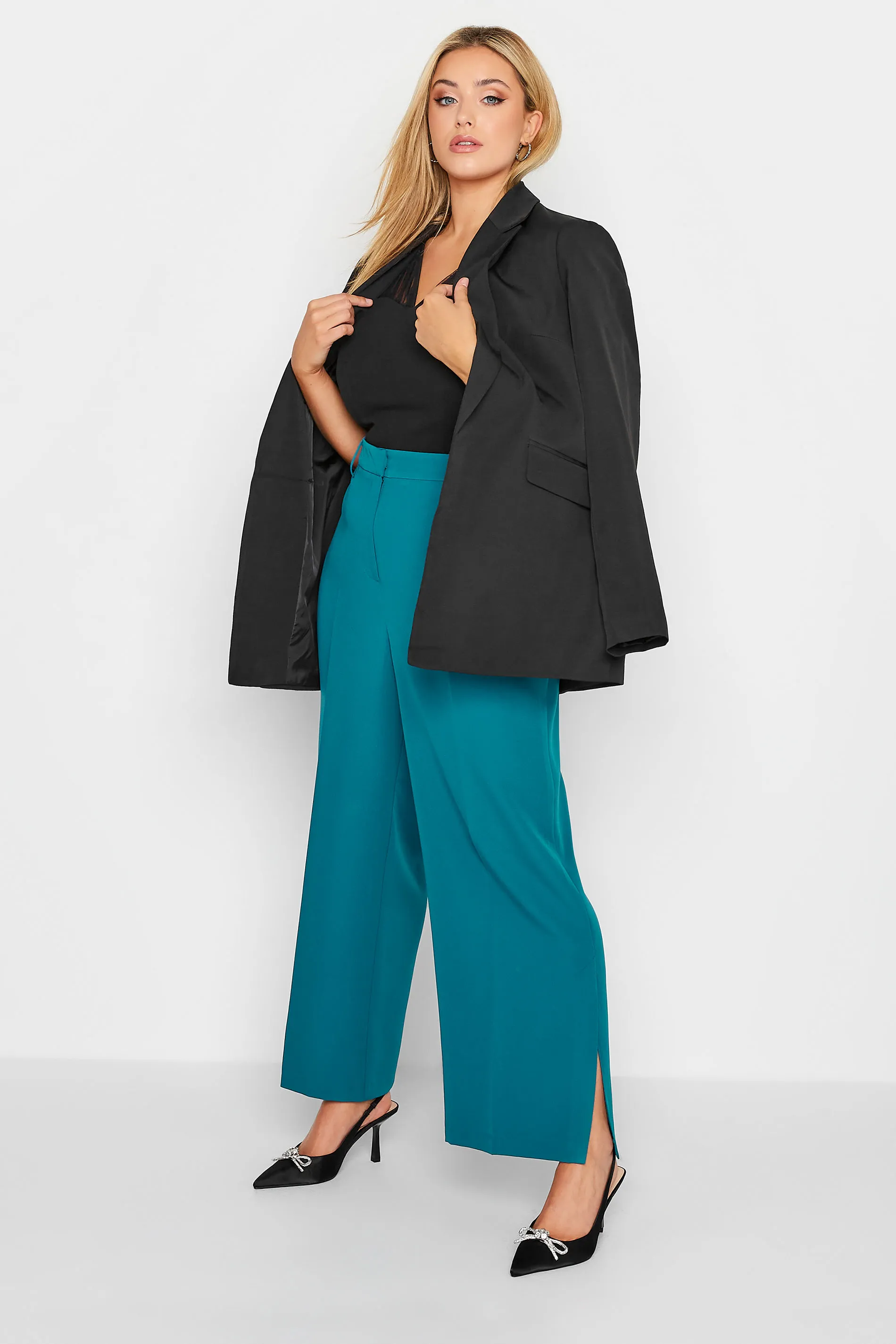 YOURS Curve Teal Blue Split Hem Flared Trousers