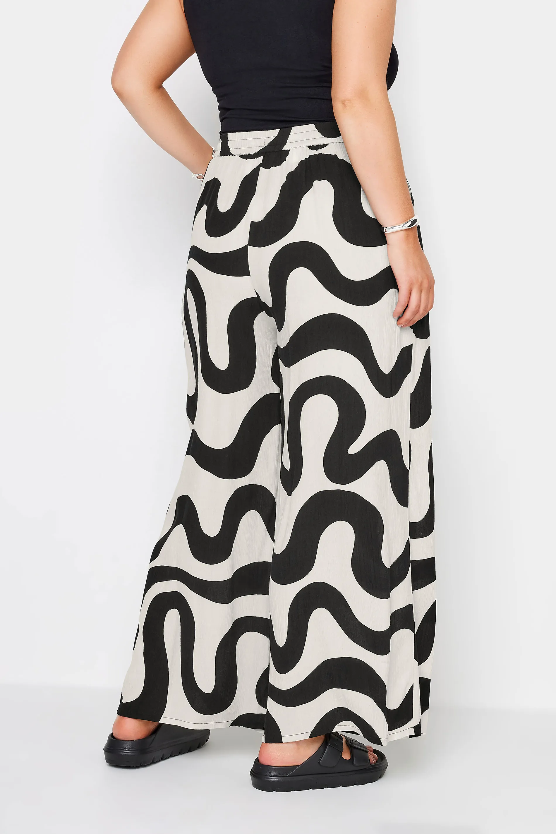 YOURS Curve White Abstract Print Crinkle Drawstring Trousers